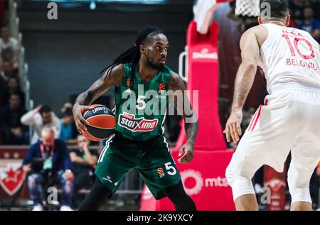 Belgrado, Serbia, 13th ottobre 2022. Parigi Lee di Panathinaicos Atene in azione durante la partita della Turkish Airlines Eurolega Round 2 tra Crvena Zvezda MTS Belgrado e Panathinaikos Athens alla Aleksandar Nikolic Hall di Belgrado, Serbia. Ottobre 29, 2022. Credito: Nikola Krstic/Alamy Foto Stock