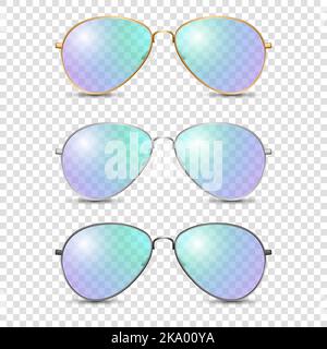 Set di occhiali Vector 3D Realistic con montatura rotonda e vetro trasparente blu e viola, occhiali da sole trasparenti isolati per donna e uomo, accessorio Illustrazione Vettoriale