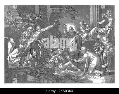 Sollevamento di Lazzaro, Jan Harmensz. Muller, dopo Abrahamo Bloemaert, 1601 - 1652 Cristo risuscita Lazzaro dai morti. Gli astanti reagiscono con sorpresa Foto Stock