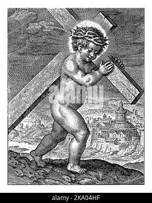 Cristo Bambino che porta la Croce, Hieronymus Wierix, 1563 - prima del 1619 il Cristo Bambino che porta la Croce. Il bambino è incoronato con la corona di tho Foto Stock