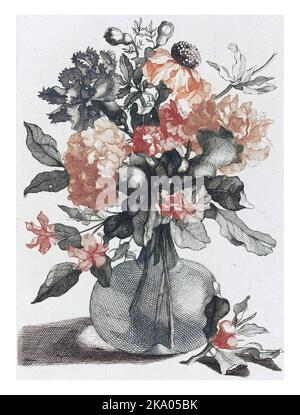 Cinque stampe di fiori in vasi di vetro, anonime, dopo Jean Baptiste Monnoyer, 1688 - 1698, annata incisa. Foto Stock