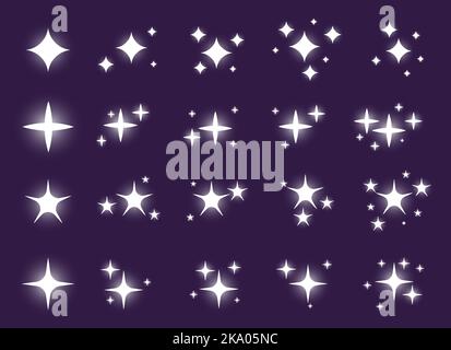 Set di icone delle stelle scintillanti. Diverse forme di fuoco luminoso luccicante luccicante, scintillio magico, decorazione di luce solare. Effetto flash luminoso. Spazio cielo stellato. Esplosione di scintilla scintillante Illustrazione Vettoriale