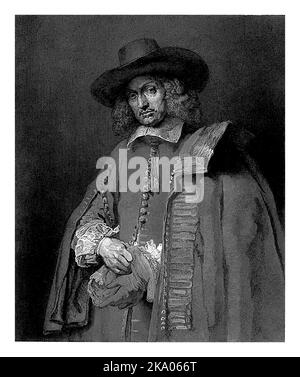 Ritratto di Jan Six, Johann Wilhelm Kaiser (i), dopo Rembrandt van Rijn, 1823 - 1951 ritratto a metà lunghezza di Jan Six, sindaco di Amsterdam. Foto Stock