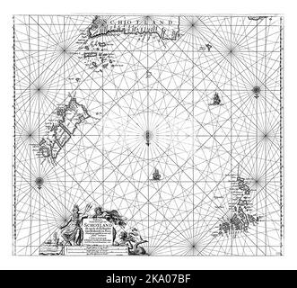 Carta dei passaporti di parte dell'Oceano Atlantico con le Isole Orcadi, le Isole Shetland e l'arcipelago delle Isole Faroe danesi, con tre rose a bussola Foto Stock