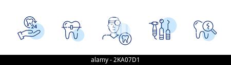 Set di icone relative all'odontoiatria. 24 ore, dentista, utensili, bretelle e smalto fessurato. Pixel Perfect, tratto modificabile Illustrazione Vettoriale