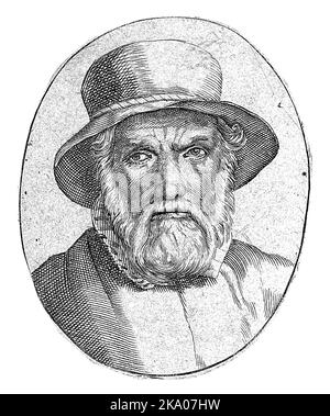Busto ritratto ovale di un uomo anziano, portatore di un cappello. Foto Stock