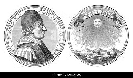 Foglio con la parte anteriore e posteriore di una medaglia. A sinistra: Busto ritratto di Clemente XI. Destra: Paesaggio con un sole radioso e un banderolo: Cunctis Clemens. Foto Stock