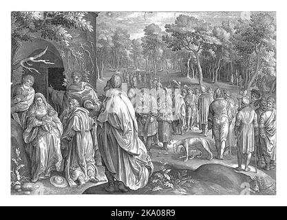 Una stalla in un paesaggio boscoso. In primo piano a sinistra, Maria e Giuseppe mostrano il Cristo bambino ai tre saggi. Sullo sfondo i membri del thei Foto Stock