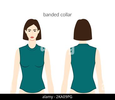 Colletto a fascia abiti carattere bella donna in smeraldo top, camicia, abito tecnico di moda illustrazione, corpo adattato. Modello di abbigliamento piatto anteriore, posteriore. Donne, uomini unisex CAD mockup Illustrazione Vettoriale