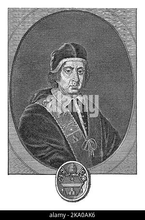Papa Clemente XI, rivestito di vesti papali, con un camauro sul capo. Busto a destra in un ovale con scritta sul bordo. Sotto il suo stemma papale A. Foto Stock