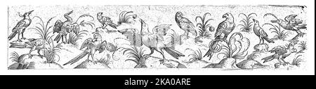 L'uccello al centro ha sparso le sue ali e si sta guardando verso l'alto. Numero 5 da una serie di 12 fogli numerati. Foto Stock