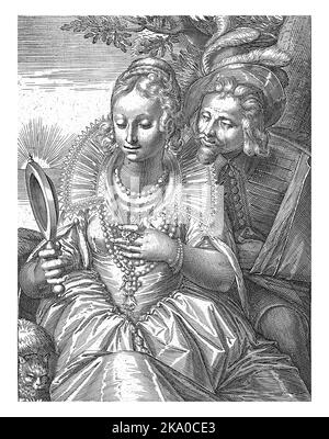 Una donna ben vestita guarda i suoi gioielli in uno specchio a mano. Un Signore sta guardando sopra la sua spalla. Sullo sfondo si può vedere il risin sole Foto Stock