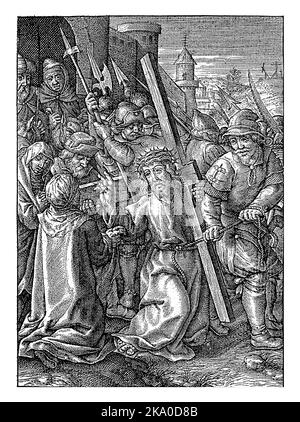 Portando la Croce, Hieronymus Wierix, 1563 - prima del 1619 Cristo cade mentre porta la croce. Veronica gli offre un panno per asciugare il sudore. Foto Stock