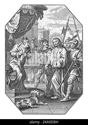 Cristo prima di Annas, Cornelis Galle (i), 1586 - 1650 Cristo prima del Sommo sacerdote Annas. Quinta stampa da una serie di 13, con scene del Passio Foto Stock