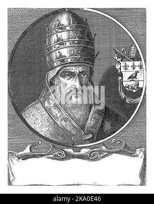 Ritratto di Papa Innocenzo XI rivestito con vesti papali e testa ornata con la tiara papale. A destra il suo stemma papale. Busto a destra in Foto Stock