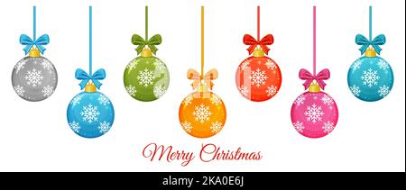 Palline di Natale, giocattoli decorativi in vetro per l'albero di celebrazione di Capodanno icone set. Decorazione natalizia. Baubles tondo sospeso con fiocco di neve. Vettore Illustrazione Vettoriale