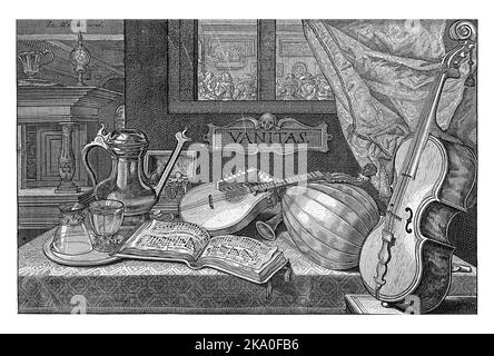 Vanitas still life con strumenti musicali, Theodor Matham, 1622 Tavola con strumenti musicali (Gambas e scivoli), un libro aperto di musica, una caraffa Foto Stock