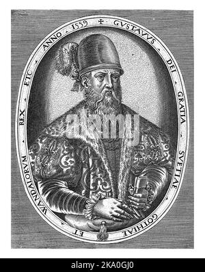 Ritratto di Gustavus i, re di Svezia, a metà lunghezza a destra in una cornice ovale con scritta sul bordo in latino. Foto Stock