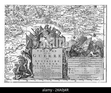 Mappa del nord-est dell'Austria (foglia in basso a destra), Cornelis Huyberts, 1689 - 1712 il titolo e la leggenda di una mappa di Austria, Baviera, Swabia e Tyro Foto Stock