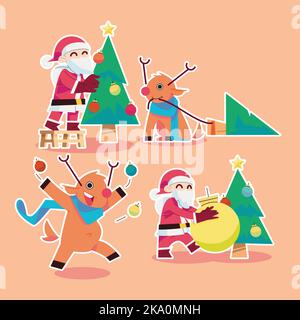 Un piatto, colorato Babbo Natale e il suo cervo stanno decorando l'albero di Natale in piano design. Illustrazione Vettoriale