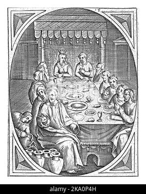 Cena di matrimonio a Cana, Joannes Galle, c.. 1626 - c. 1676 gli ospiti del matrimonio si siedono al tavolo. Cristo siede nella parte anteriore sinistra e benedice i vasi o Foto Stock