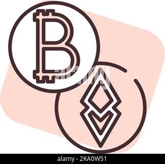 Monete Blockchain, illustrazione o icona, vettore su sfondo bianco. Illustrazione Vettoriale