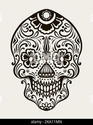 Giorno di illustrazione del cranio morto su sfondo bianco Illustrazione Vettoriale