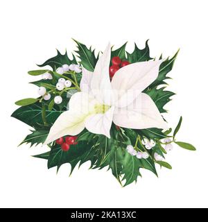 Agrifoglio di Natale agrifoglio bacche, Poinsettia bianca, Mistletoe isolato su sfondo bianco. Acquerello botanico mano disegnata illustrazione di Natale. Arte Foto Stock