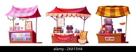 Set di bancarelle Street food isolato su sfondo bianco. Illustrazione vettoriale dei cartoni animati di negozi che vendono gelati, cucinando tagliatelle e hot dog all'aperto. Bancarelle colorate. Piccola impresa Illustrazione Vettoriale