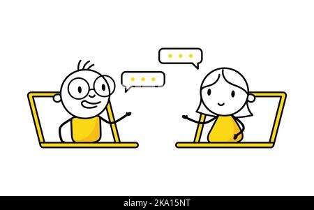Uomo e donna che parlano tra loro tramite lo schermo del notebook. Concetto di comunicazione e social media. Illustrazione del vettore. Illustrazione Vettoriale