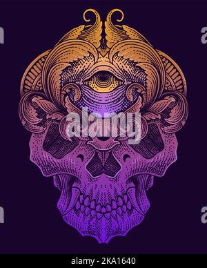 illustrazione testa del cranio con incisione stile ornamento Illustrazione Vettoriale