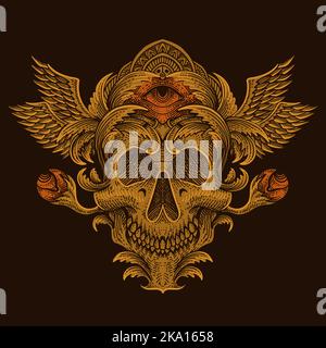 illustrazione testa del cranio con incisione stile ornamento Illustrazione Vettoriale