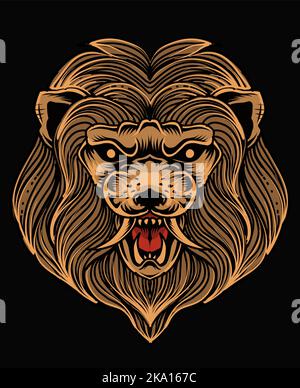 Illustrazione testa a leone isolata su sfondo nero Illustrazione Vettoriale