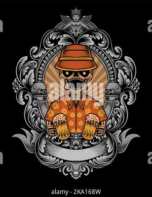 illustrazione birra cranio con ornamento incisione Illustrazione Vettoriale