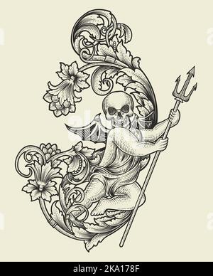 illustrazione bambino demone con incisione ornamento stile antico Illustrazione Vettoriale