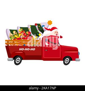 Babbo Natale guida una vecchia auto retrò, camion Illustrazione Vettoriale