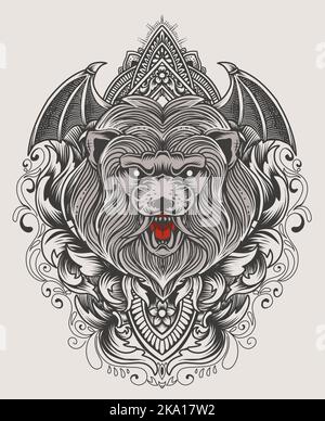Illustrazione testa di leone isolata con ornamento inciso Illustrazione Vettoriale