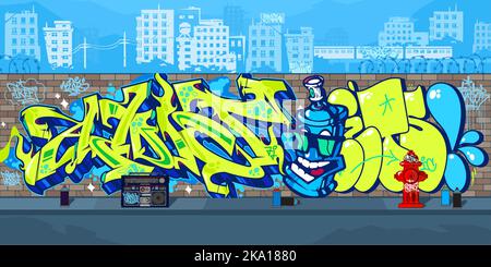 Colorato Outdoor Urban Streetart Graffiti Wall con disegni sullo sfondo del paesaggio urbano Vector Illustration Illustrazione Vettoriale