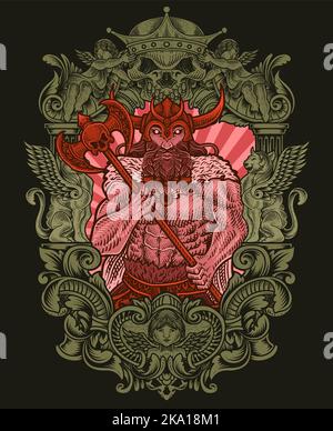 Illustrazione di antichi guerrieri vichinghi con cornice ornamentale intagliata Illustrazione Vettoriale