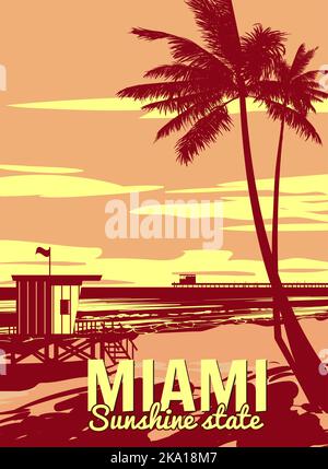 Poster retrò di Miami Beach. Bagnino casa sulla spiaggia, palme, costa, surf, oceano. Vintage illustrazione vettoriale Illustrazione Vettoriale