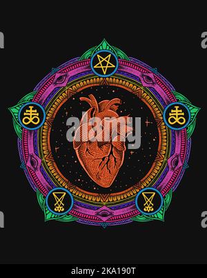 Illustrazione cuore su cerchio stile di incisione mandala Illustrazione Vettoriale