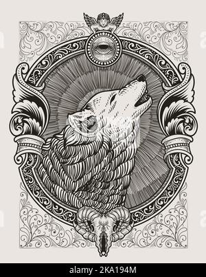 illustrazione lupo vintage con cornice ornamento intagliato Illustrazione Vettoriale