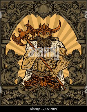 Illustrazione di antichi guerrieri vichinghi con cornice ornamentale intagliata Illustrazione Vettoriale