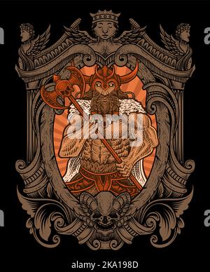 Illustrazione di antichi guerrieri vichinghi con cornice ornamentale intagliata Illustrazione Vettoriale