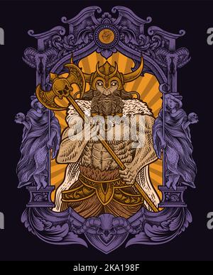 Illustrazione di antichi guerrieri vichinghi con cornice ornamentale intagliata Illustrazione Vettoriale