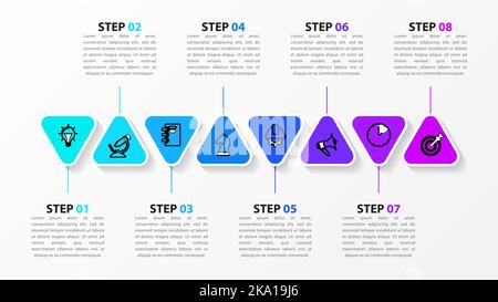 Modello infografico con icone e 8 opzioni o passaggi. Può essere utilizzato per il layout del flusso di lavoro, il diagramma, il banner, il webdesign. Illustrazione vettoriale Illustrazione Vettoriale