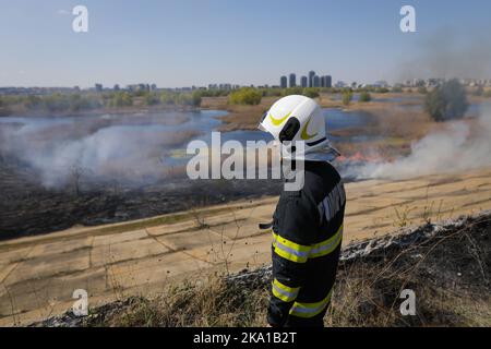 Bucarest, Romania - 5 aprile 2022: I vigili del fuoco cercano di estinguere un fuoco di vegetazione nella riserva naturale del parco di Vacaresti. Foto Stock