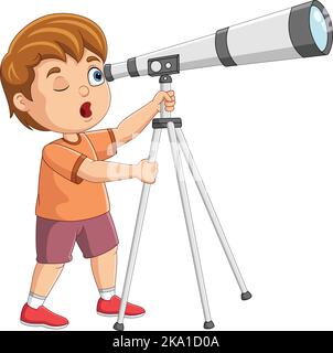 Cartoon ragazzino che guarda attraverso un telescopio Illustrazione Vettoriale