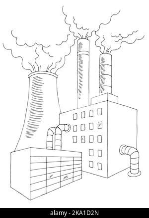 Costruzione fabbrica esterno ecologia problema grafico nero bianco verticale isolato schizzo illustrazione vettore Illustrazione Vettoriale