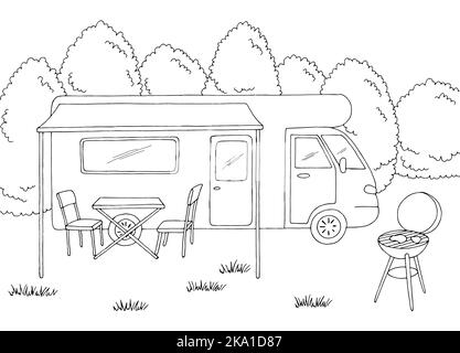 Camping graphic bianco nero paesaggio disegno vettore di illustrazione Illustrazione Vettoriale